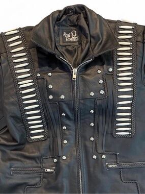 Men’s Native American Western Real Leather Black Studded Fringe Biker Jacket
